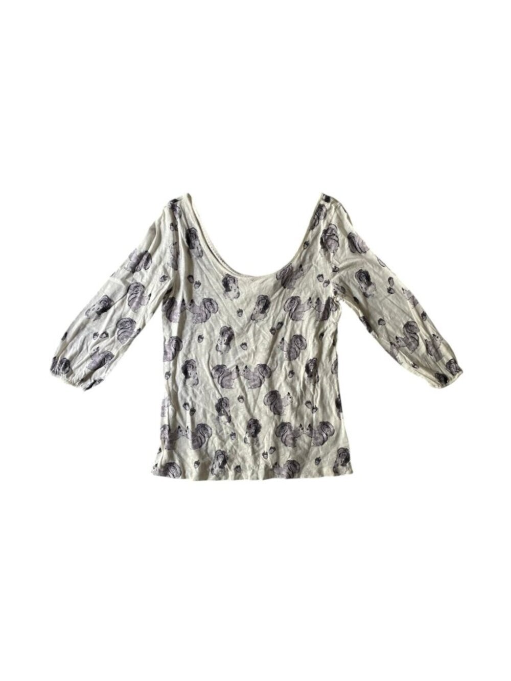 Anthropologie Squirrel Print Scoop Neck 3/4 Sleeve Top White Gray 100% Cotton Si